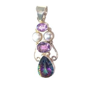 Teardrop Ammolite/Gem Ammonite, Pearl and Amethyst Pendant 925 Sterling